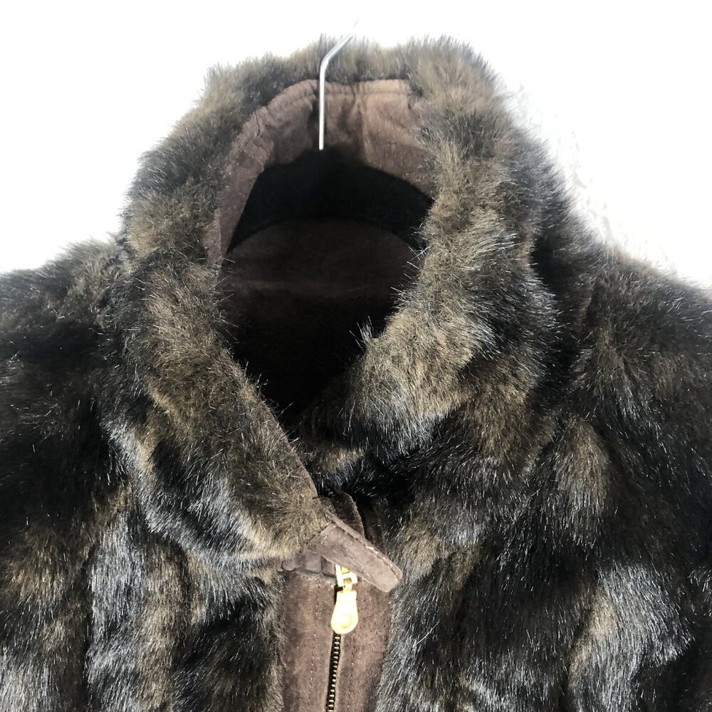 JLC Leather Jacket Womens M Brown Reversible Faux Mink Coat Mob Wife Old Money - Picture 5 of 16